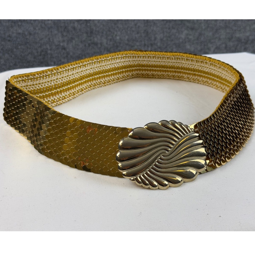 Vintage Gold Sequin Snake Scale Elastic Stretch Belt Ornate Buckle Statement EUC
